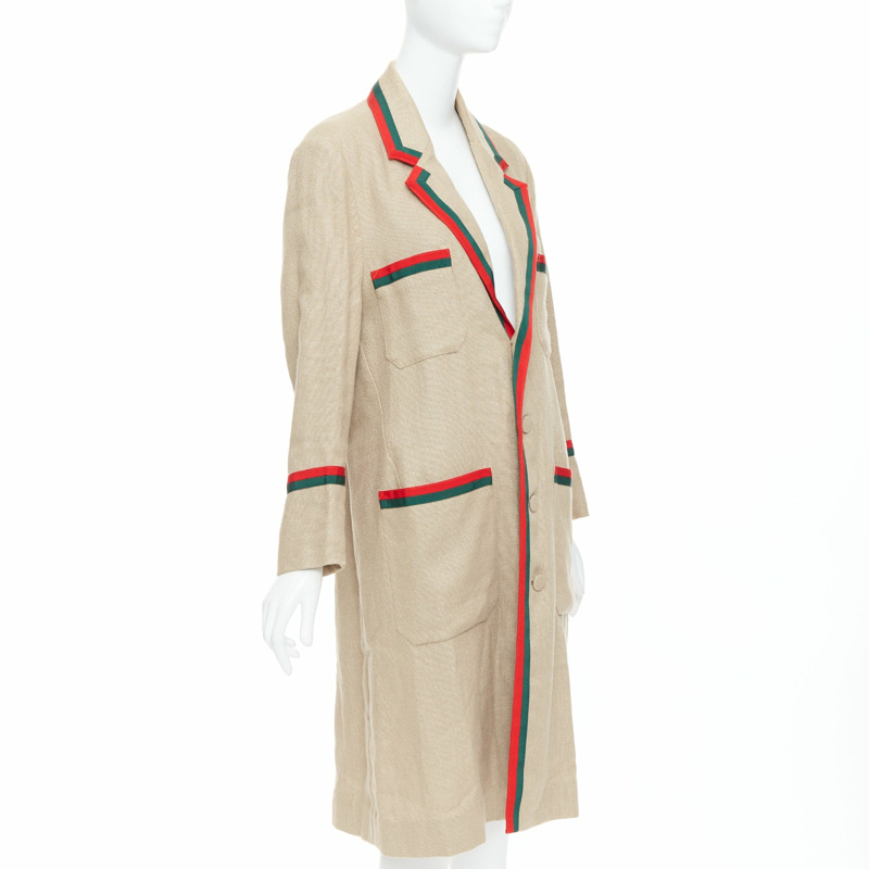 GUCCI Garden Alessandro Michele beige green red web trim long coat-3