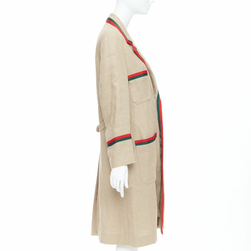 GUCCI Garden Alessandro Michele beige green red web trim long coat-4