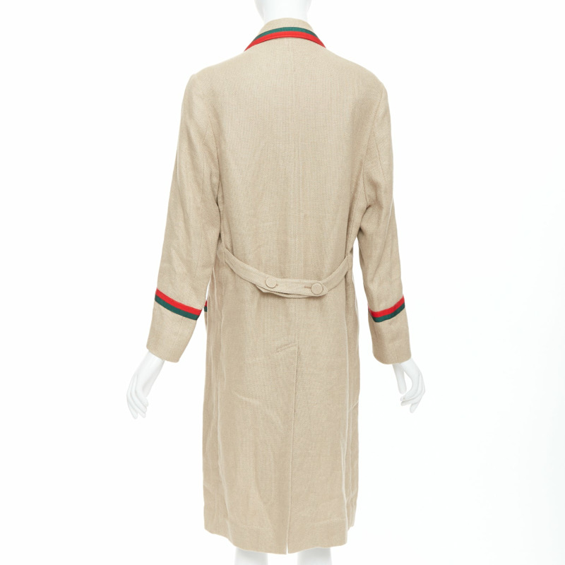 GUCCI Garden Alessandro Michele beige green red web trim long coat-5