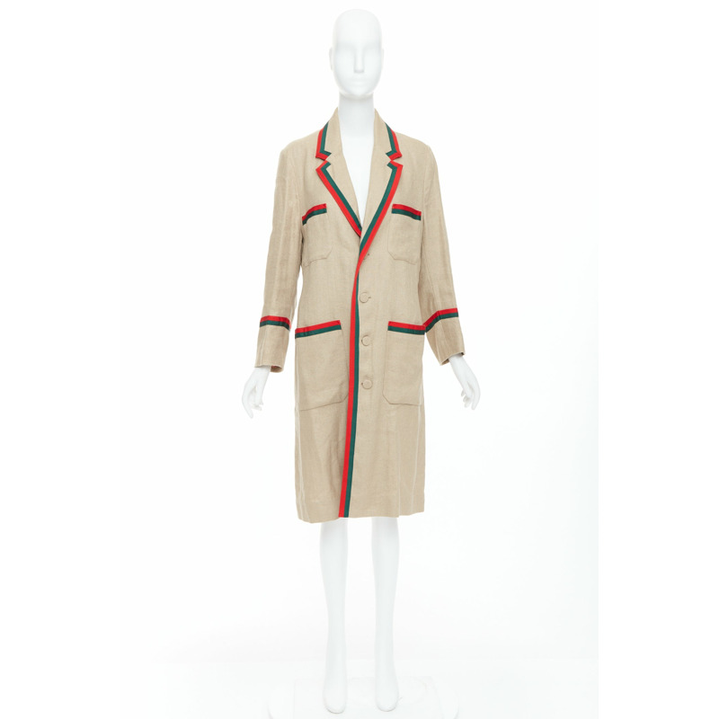 GUCCI Garden Alessandro Michele beige green red web trim long coat-9