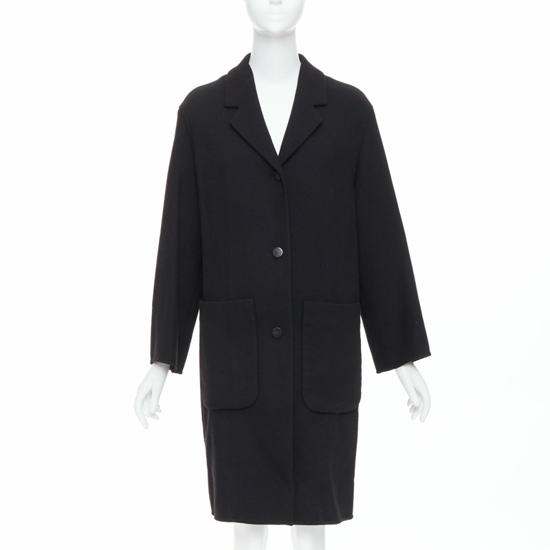 HERMES black virgin wool blend H logo buttons patch pocket coat FR36 S-0