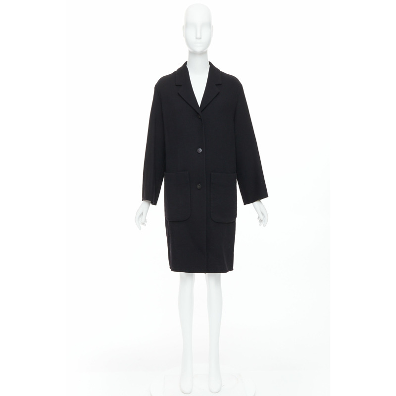 HERMES black virgin wool blend H logo buttons patch pocket coat FR36 S-9