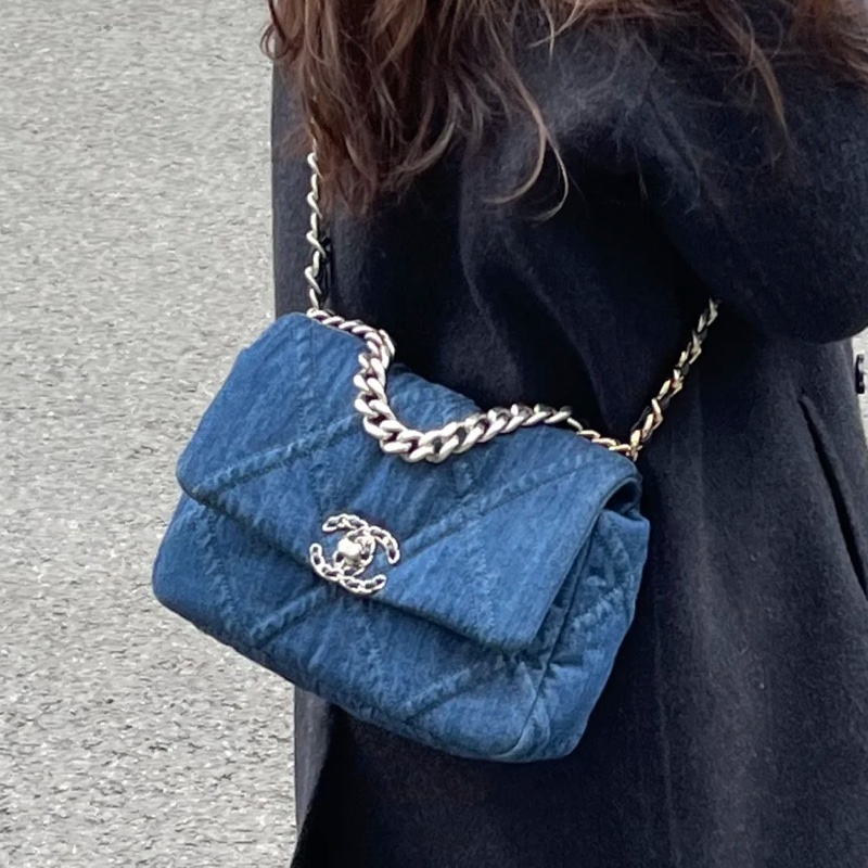 99新🆕Chanel丹寧牛仔款深藍小號19bag手提斜款單肩包-0