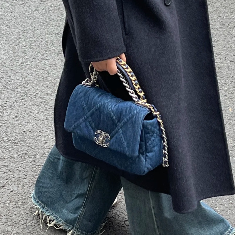 99新🆕Chanel丹寧牛仔款深藍小號19bag手提斜款單肩包-3