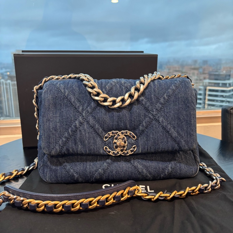 99新🆕Chanel丹寧牛仔款深藍小號19bag手提斜款單肩包-7