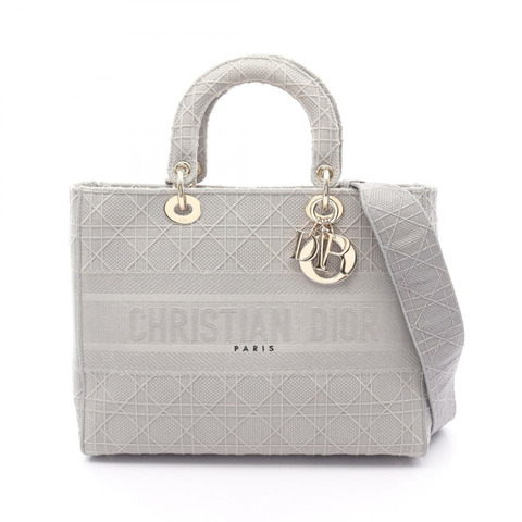 Christian Dior LADY D-LITE 大 Cannage 手袋 帆布 灰色 二手 女士