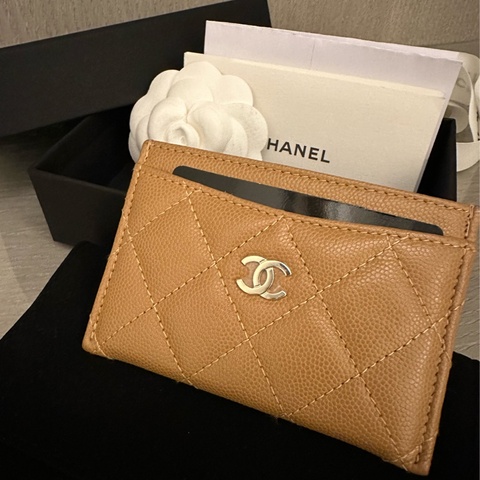 全新Chanel香奈兒經典奶茶色荔枝皮卡夾