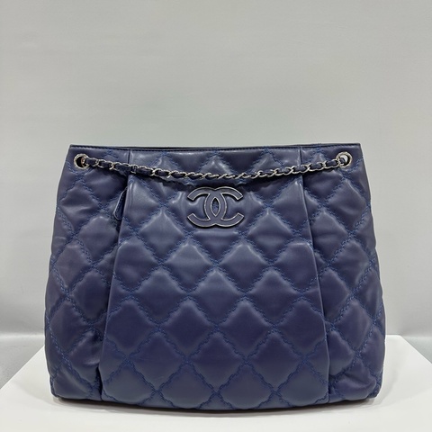 Chanel 藍色全皮雙C銀鏈肩背包