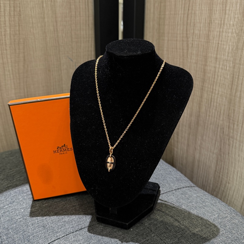 全新 HERMES Collier PM Mini Maillon 玫瑰金拼黑豬鼻項鍊-1