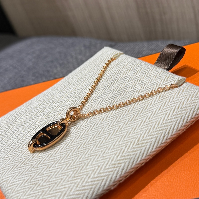 全新 HERMES Collier PM Mini Maillon 玫瑰金拼黑豬鼻項鍊-3