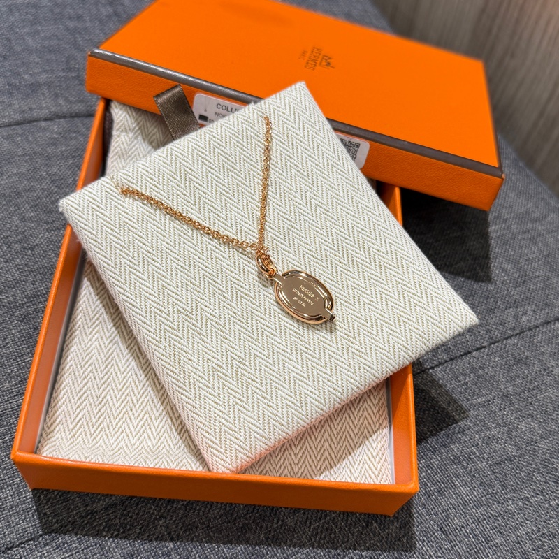 全新 HERMES Collier PM Mini Maillon 玫瑰金拼黑豬鼻項鍊-4