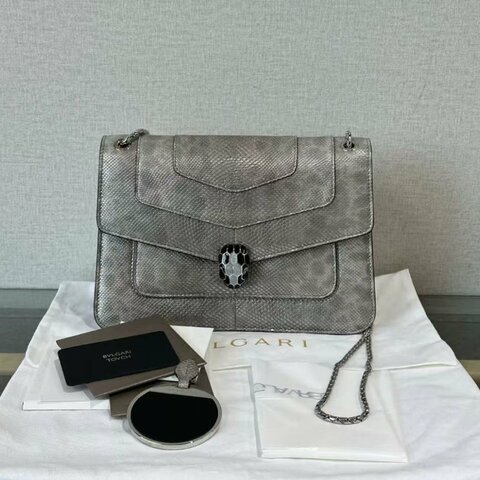 ✨BVLGARI 水蛇皮銀扣蛇頭斜背包 25*16*6.5 98新 配件塵袋鏡子