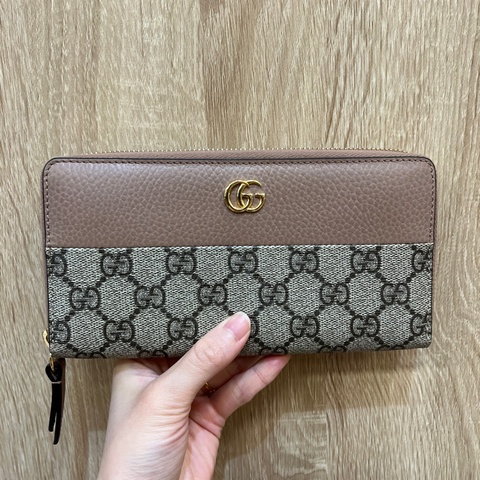 Gucci PVC藕粉牛皮ㄇ拉12卡長夾