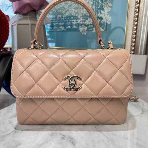 Chanel奶茶羊皮菱格紋淡金釦手提Trendy25肩斜包 A92236