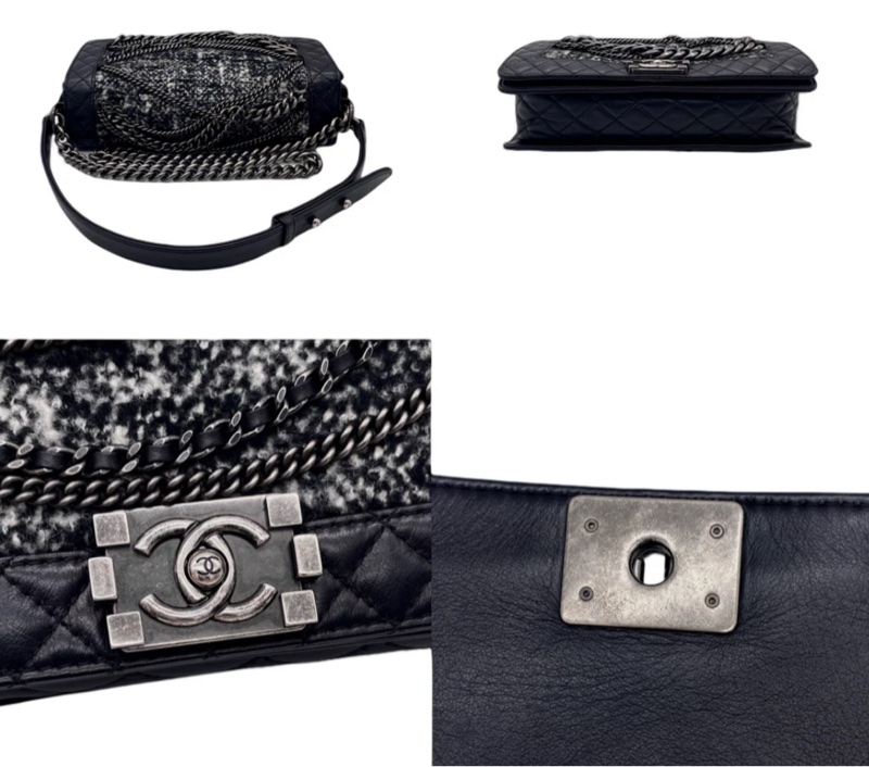 「JL精品代購」9新 Chanel 香奈兒 黑白毛呢鏈條 punk boy包-5