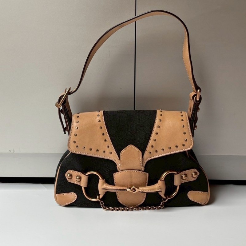 Gucci 駝皮邊黑logo布搖滾系列肩側包-0