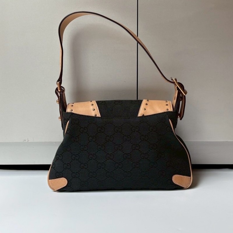 Gucci 駝皮邊黑logo布搖滾系列肩側包-1