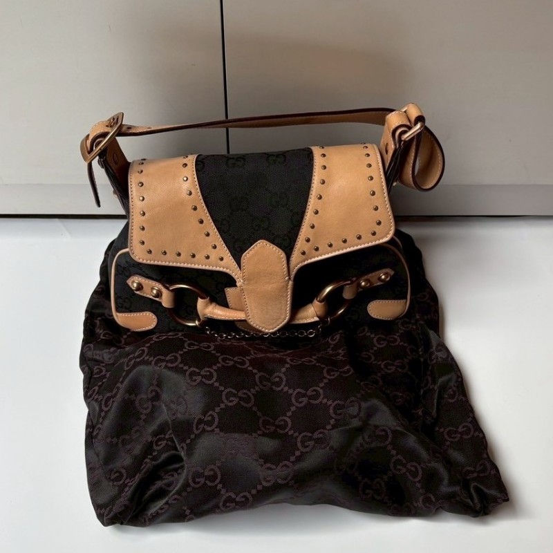 Gucci 駝皮邊黑logo布搖滾系列肩側包-2