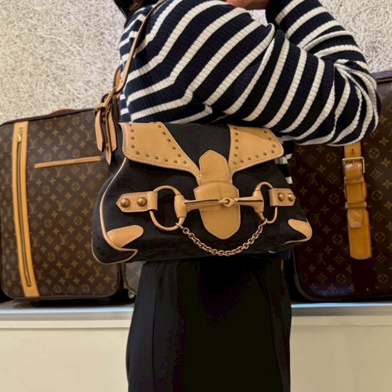 Gucci 駝皮邊黑logo布搖滾系列肩側包-4