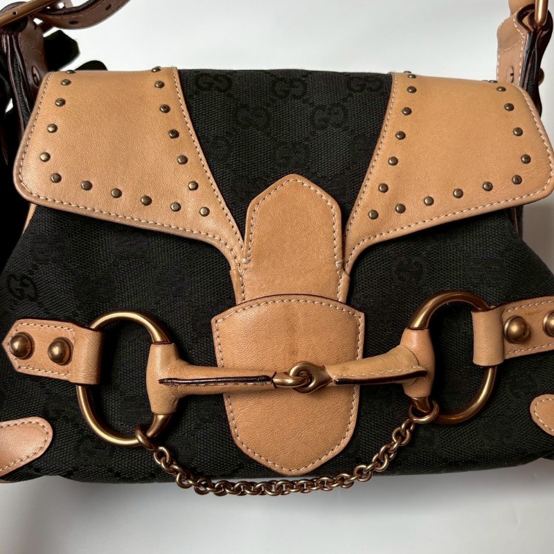Gucci 駝皮邊黑logo布搖滾系列肩側包-5