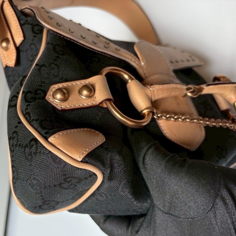 Gucci 駝皮邊黑logo布搖滾系列肩側包-6