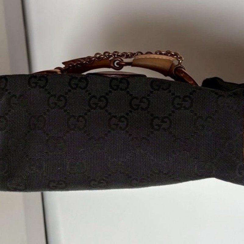 Gucci 駝皮邊黑logo布搖滾系列肩側包-8