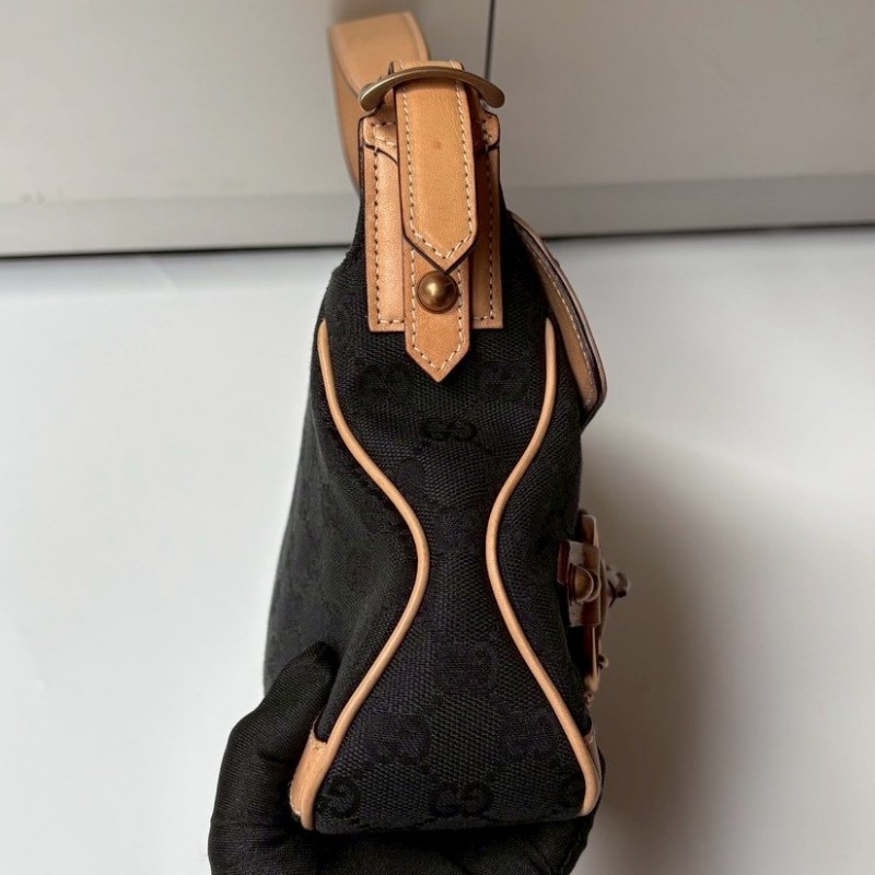 Gucci 駝皮邊黑logo布搖滾系列肩側包-9
