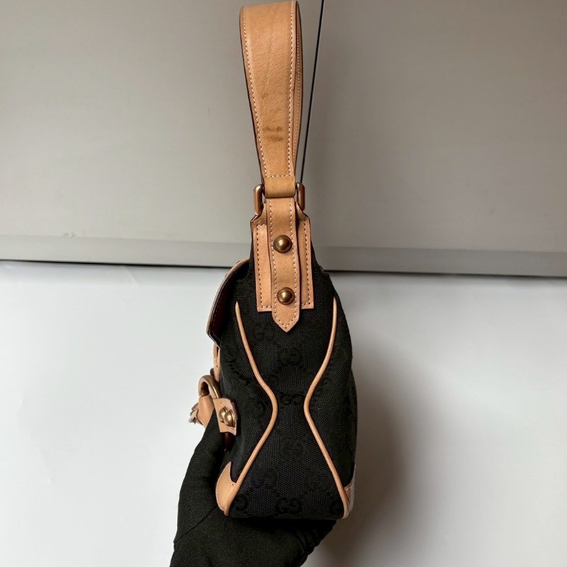 Gucci 駝皮邊黑logo布搖滾系列肩側包-13