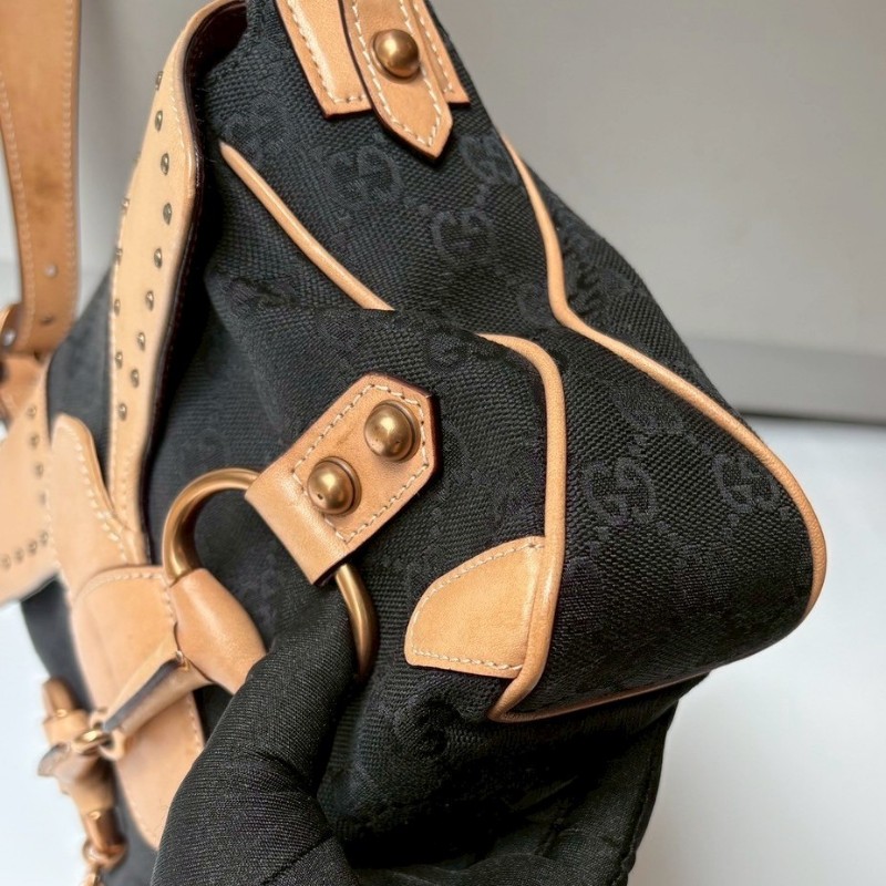 Gucci 駝皮邊黑logo布搖滾系列肩側包-14
