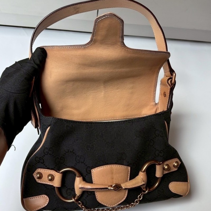 Gucci 駝皮邊黑logo布搖滾系列肩側包-16