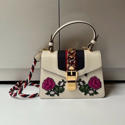 Gucci Sylvie 限量繡花白皮兩用包