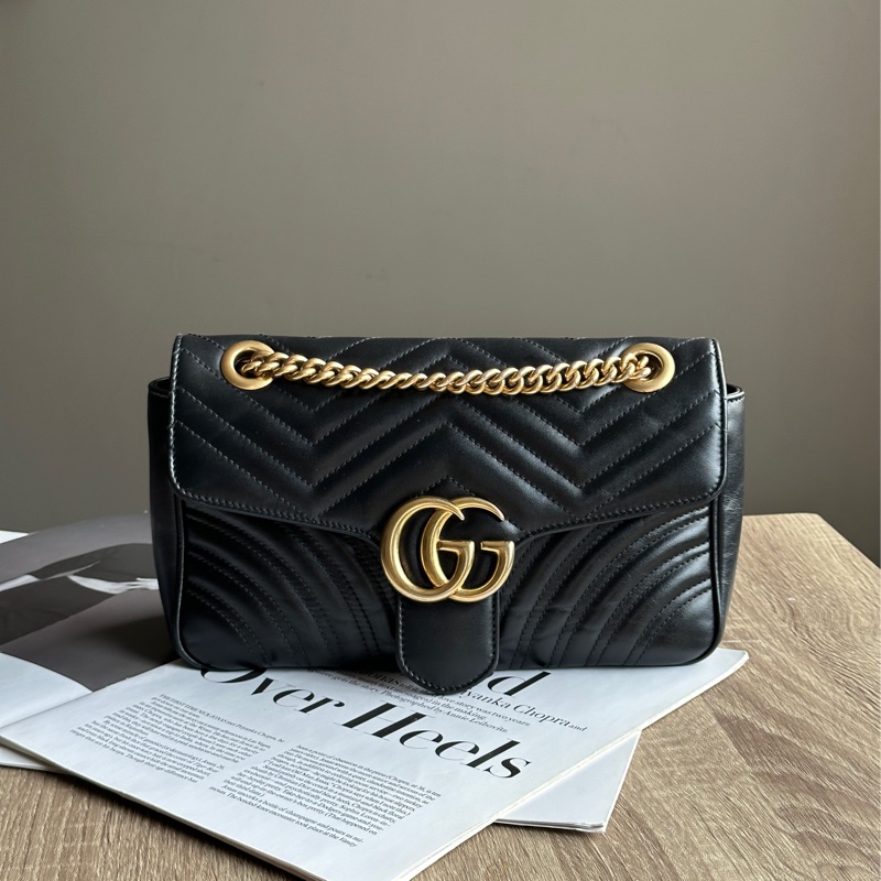 ‎˗ˏˋ 精緻女孩日常 º· 𓈒꙳ ‎˖ Gucci Marmont 26 黑色牛皮金釦肩背包 斜背包-1