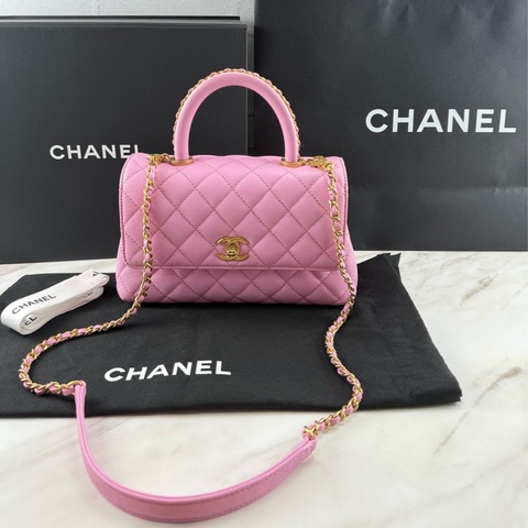 香奈兒CHANEL 23P Coco Handle 荔枝牛皮 粉色/紫丁香粉 手柄  手提/ 肩背/ 斜背包