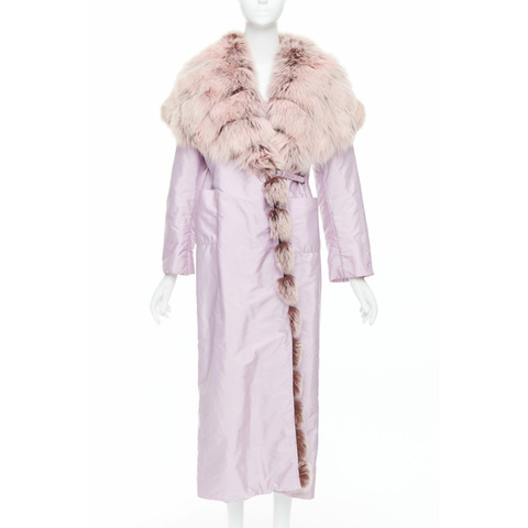 ERMANNO SCERVINO pink fur collar purple nylon wool lined robe coat IT38 XS
