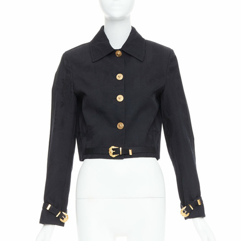 rare VERSACE blacl wool Medusa jacquard barocco gold buckle cropped jacket IT38 XS