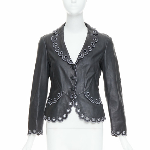 EMPORIO ARMANI 2009 black lambskin grey embroidered scalloped trim crop jacket IT40 S
