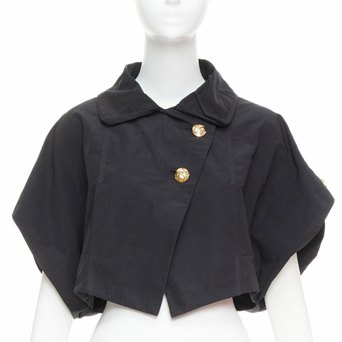 LOUIS VUITTON black georgette gold italic LV buttons cropped jacket FR34 XS