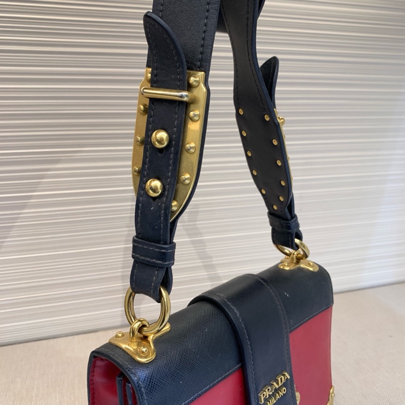 98新 普拉達PRADA cahier紅拼黑斜挎宮廷盒子包-5