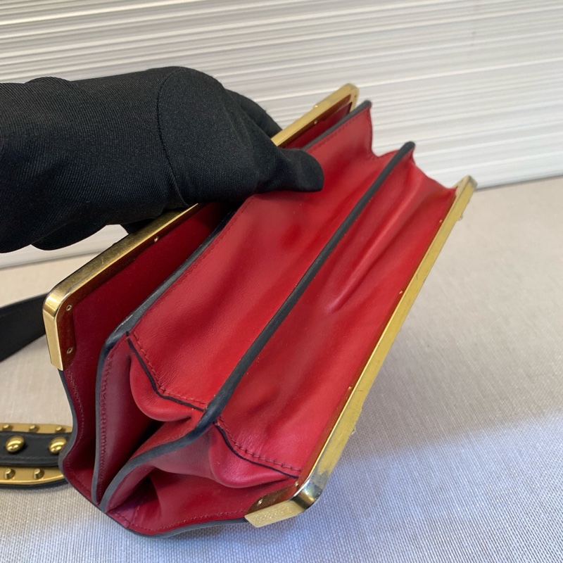 98新 普拉達PRADA cahier紅拼黑斜挎宮廷盒子包-8