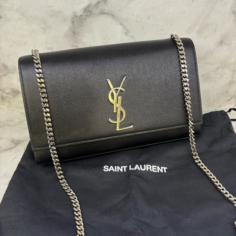 YSL 黑銀KATE中號魚子醬皮鏈條包