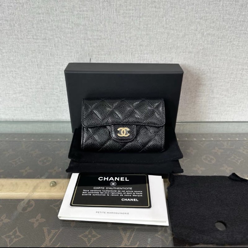 CHANEL 黑金CF荔枝牛皮短夾11*7*2 全新閒置配件:盒子塵袋保卡-0