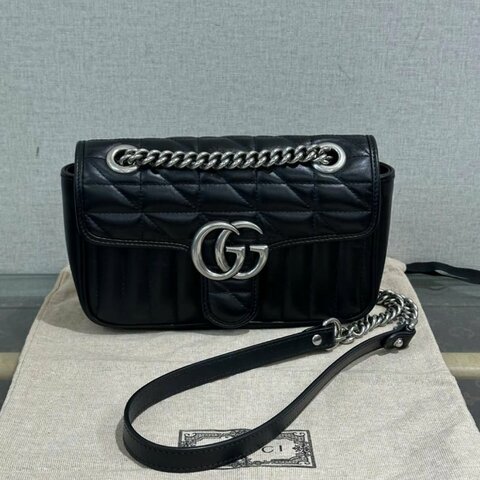 GUCCI 黑銀Marmont馬蒙22肩背斜背鏈條包 21*14*6 98新配件塵袋