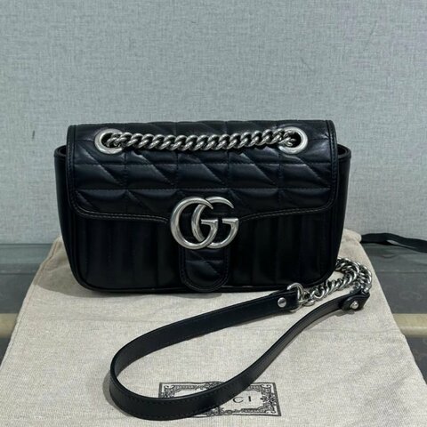 GUCCI 黑銀Marmont馬蒙22肩背斜背鏈條包21*14*6 98新配件塵袋