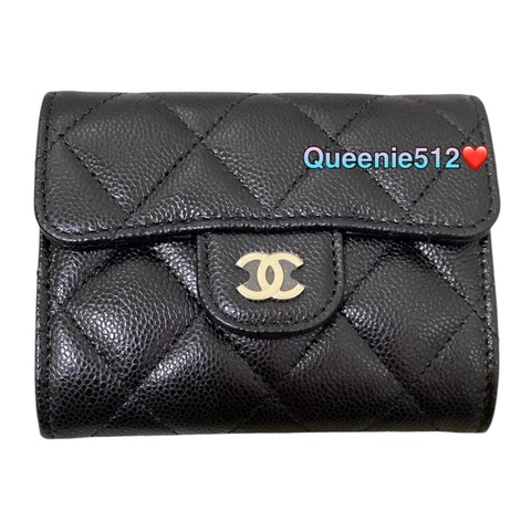 CHANEL 香奈兒 經典雙C LOGO菱格粒紋牛皮亮金釦卡夾/零錢包