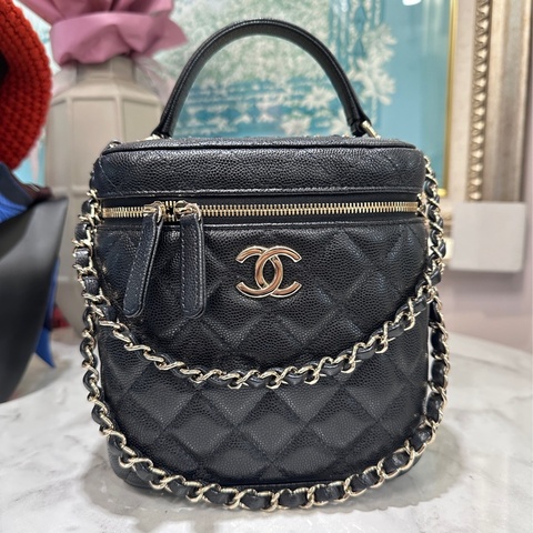 Chanel 黑荔枝牛皮菱格紋VanityCase淡金釦化妝盒手提肩斜背包