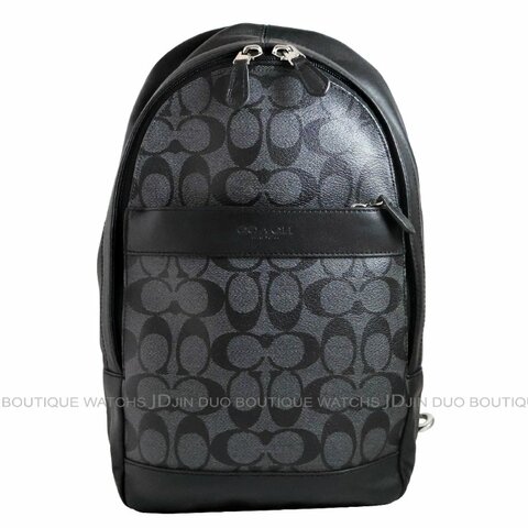 金鐸精品~2458 COACH CHARLES F54787 黑灰色C-LOGO字紋PVC帆布斜背胸口包 全新品