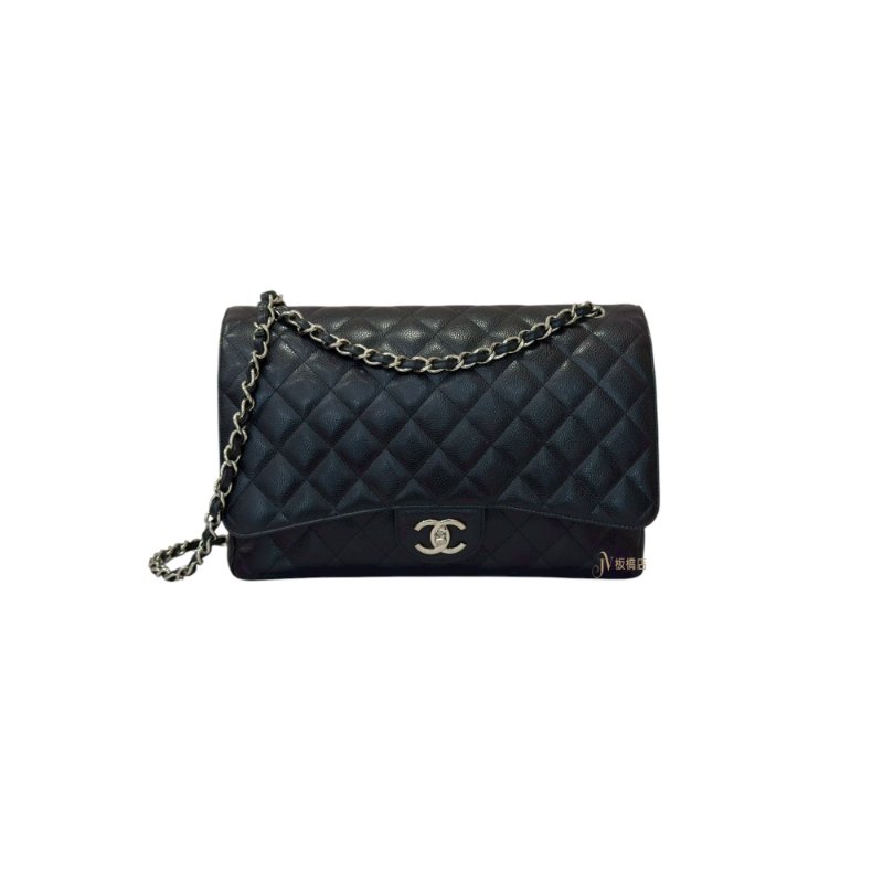 CHANEL包包 MAXI JUMBO黑荔枝皮銀釦口蓋包A58601-0