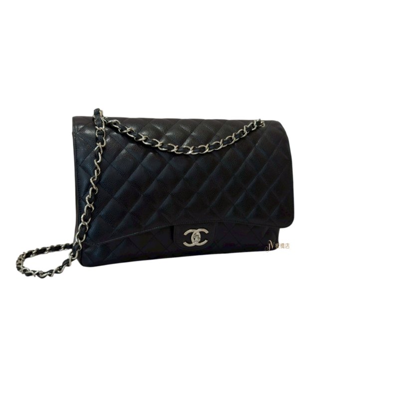CHANEL包包 MAXI JUMBO黑荔枝皮銀釦口蓋包A58601-5