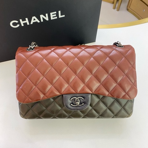CHANEL香奈兒cf jumbo拼色菱格紋羊皮雙蓋鏈條包斜挎包