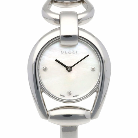 古馳 Horsebit 手錶 不鏽鋼 139.5 石英 女士腕錶 GUCCI 白色 貝殼錶盤 3P 鑽石